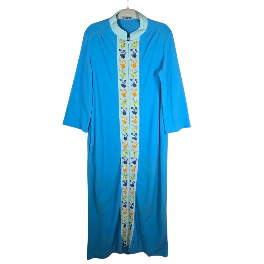 VTG 60 70s Blue Floral Embroidery Zip Robe Lounge Dress Housecoat Evelyn Pearson